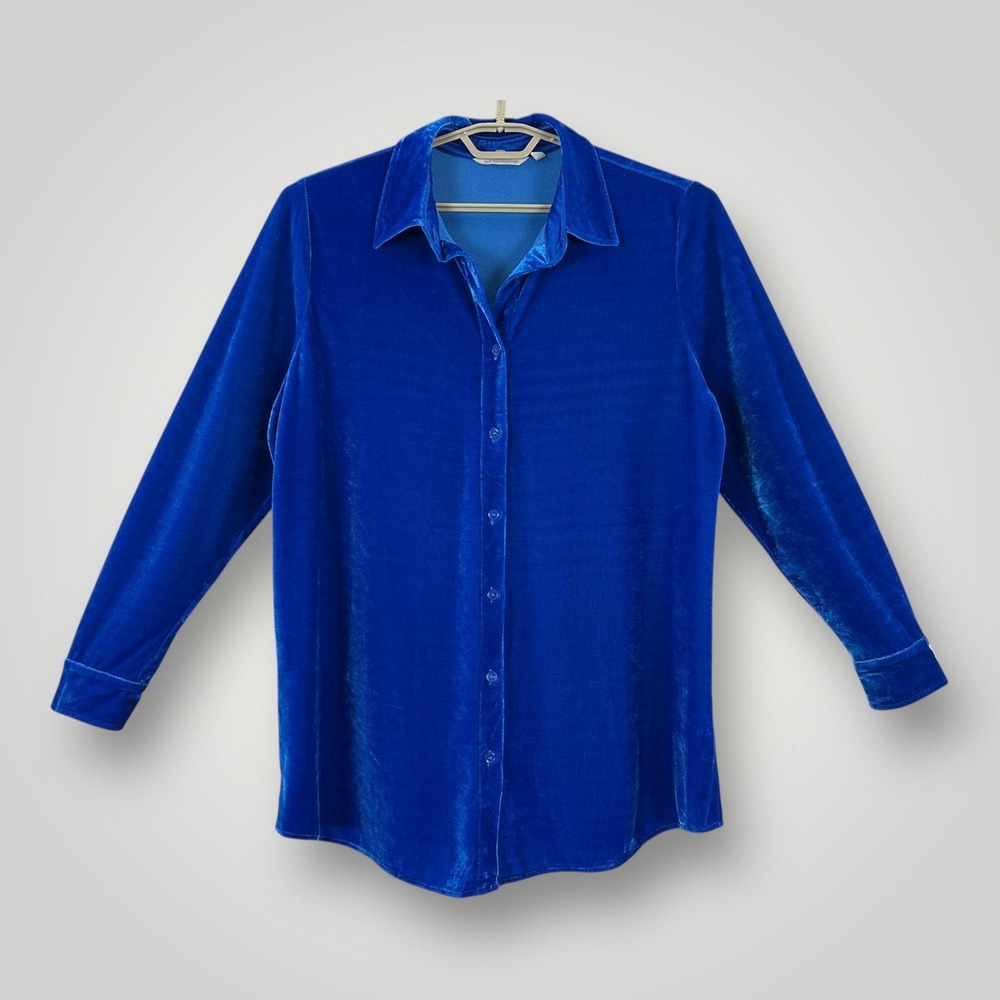 Soft‎ Surroundings Velvet Tunic Shirt Womens L Royal Blue Stretch Button Front